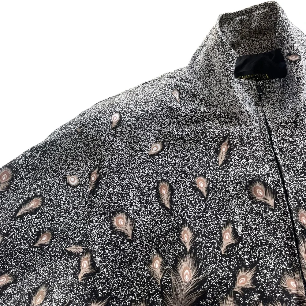 Valentina OS Black Tan Metallic, Peacock Ostrich Feather Print Bomber Jacket VTG